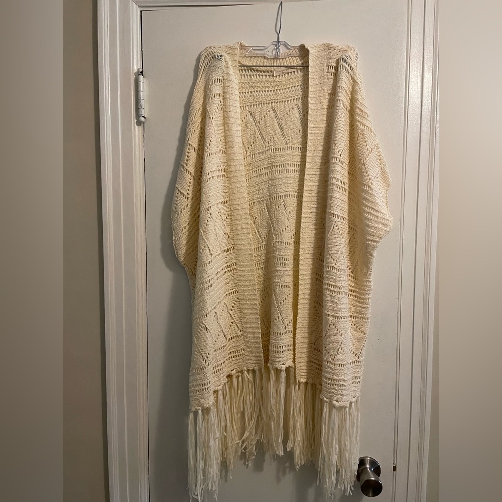 Anthropologie Do Everything in Love Cream Crochet Fringe Shawl Sweater One Size